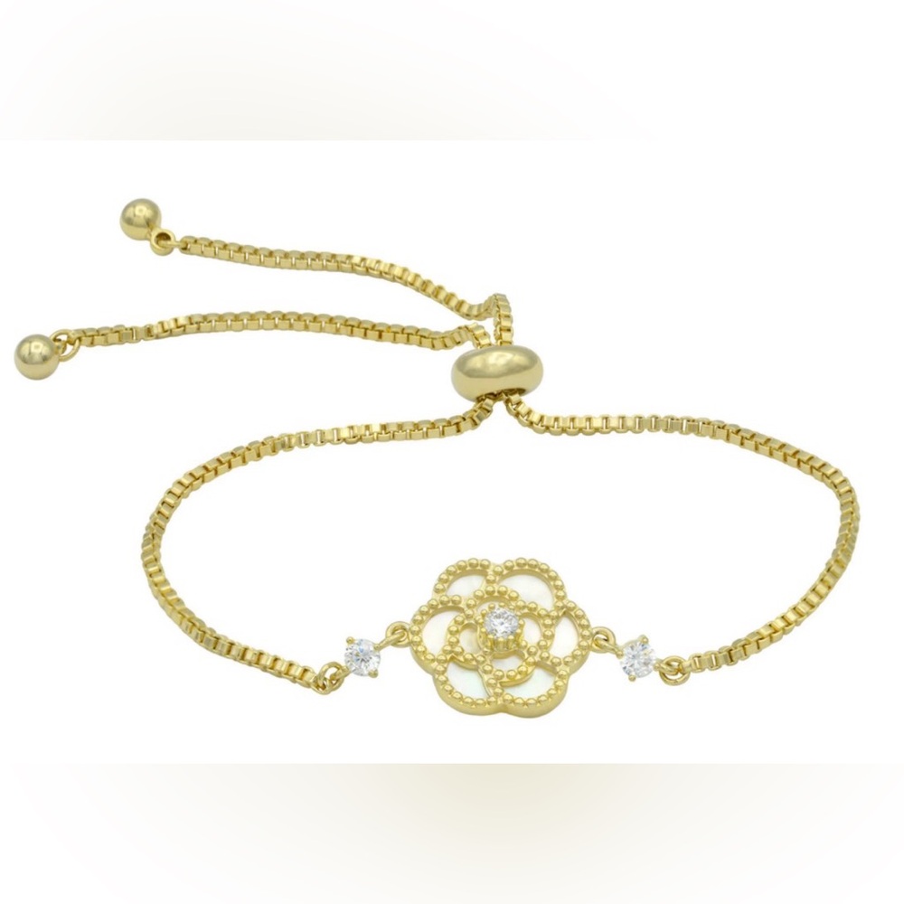 City Luxe 14K Gold Plated Mother Of Pearl Rose & Cubic Zirconia Bolo Bracelet